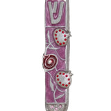 Highly detailed pewter mezuzah with artistic pomegranate design and enamel accents, displayed against a pure white background with soft reflection.