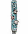 High-resolution image of a hand-painted pewter Mezuzah with pomegranate design on a pure white background, including a soft reflection.
