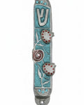 High-resolution image of a hand-painted pewter Mezuzah with pomegranate design on a pure white background, including a soft reflection.