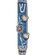 Pewter Mezuzah with artistic pomegranate design, hand-painted with enamel, displayed on a white studio background with subtle reflection.