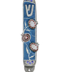 Pewter Mezuzah with artistic pomegranate design, hand-painted with enamel, displayed on a white studio background with subtle reflection.
