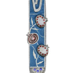 Pewter Mezuzah with artistic pomegranate design, hand-painted with enamel, displayed on a white studio background with subtle reflection.