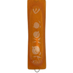 Elegant Pomegranate Glass Mezuzah made in Israel, detailed with Hebrew engravings and decorative motifs, placed on a clean white background with soft reflection.