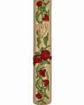Gold pomegranate-shaped mezuzah made of pewter, displayed on a bright white background with a subtle reflection, crafted with fine details.