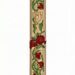 Gold pomegranate-shaped mezuzah made of pewter, displayed on a bright white background with a subtle reflection, crafted with fine details.