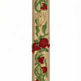 Gold pomegranate-shaped mezuzah made of pewter, displayed on a bright white background with a subtle reflection, crafted with fine details.