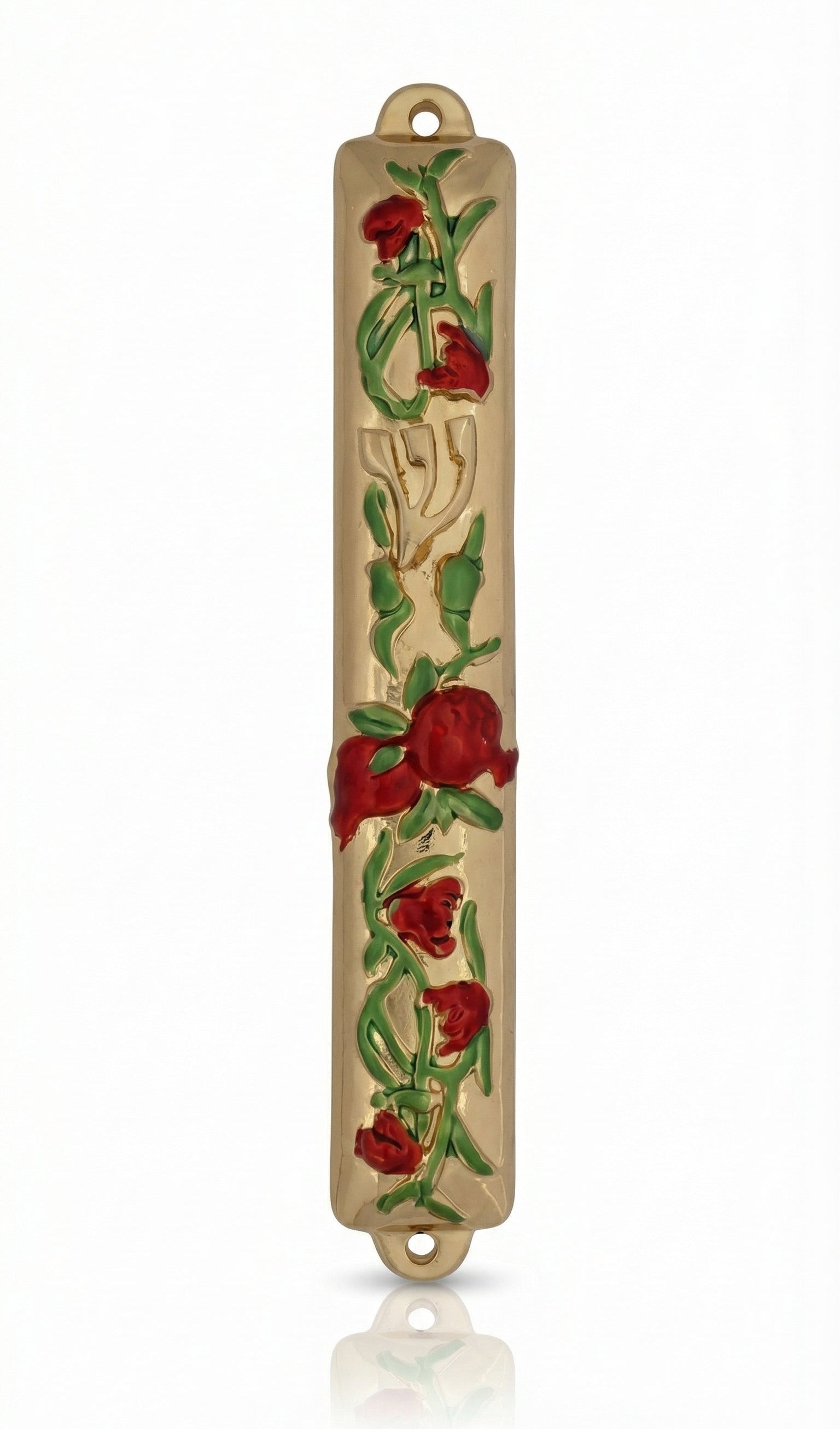 Gold pomegranate-shaped mezuzah made of pewter, displayed on a bright white background with a subtle reflection, crafted with fine details.