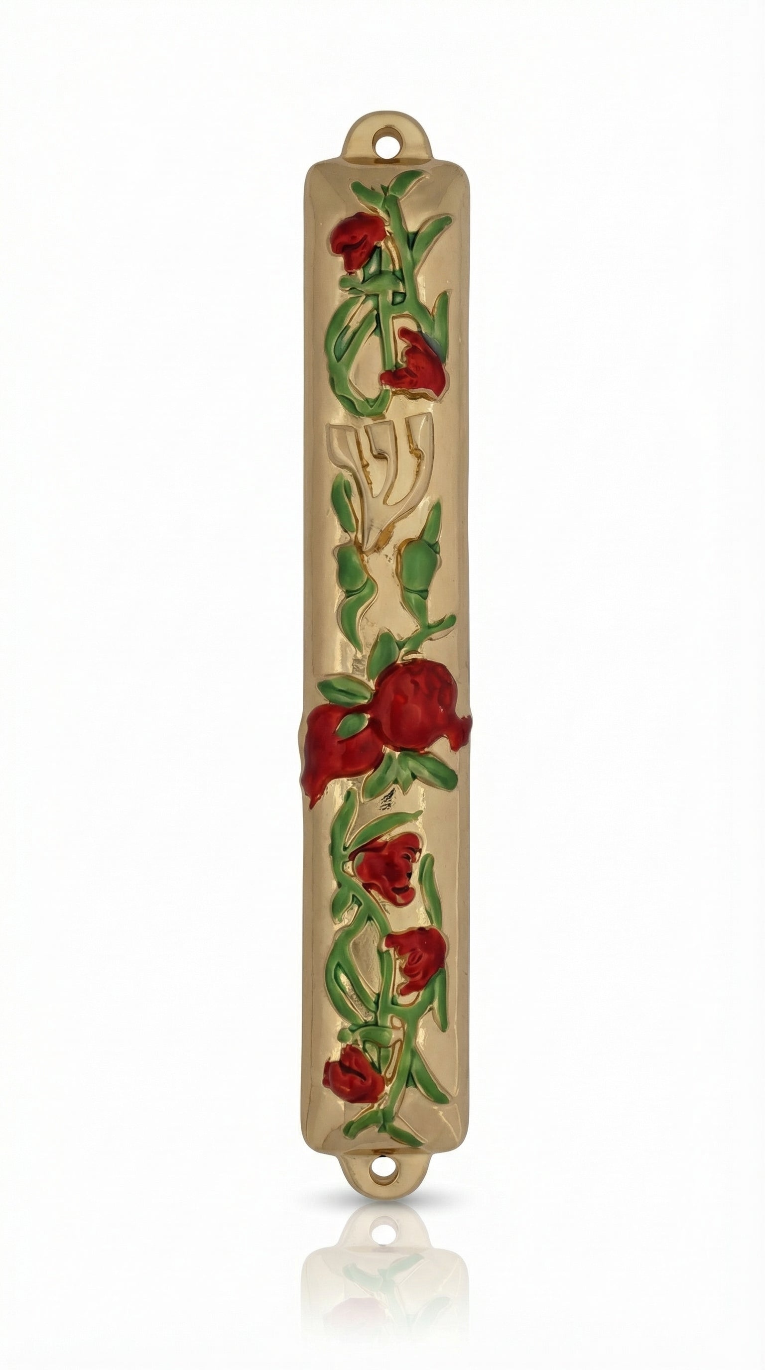 Gold pomegranate-shaped mezuzah made of pewter, displayed on a bright white background with a subtle reflection, crafted with fine details.