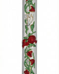 Silver pomegranate-shaped mezuzah made of pewter, with detailed engraving and decorative motifs, designed to be mounted on doorframes.