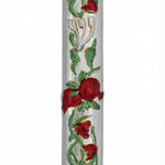 Silver pomegranate-shaped mezuzah made of pewter, with detailed engraving and decorative motifs, designed to be mounted on doorframes.