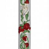 Silver pomegranate-shaped mezuzah made of pewter, with detailed engraving and decorative motifs, designed to be mounted on doorframes.