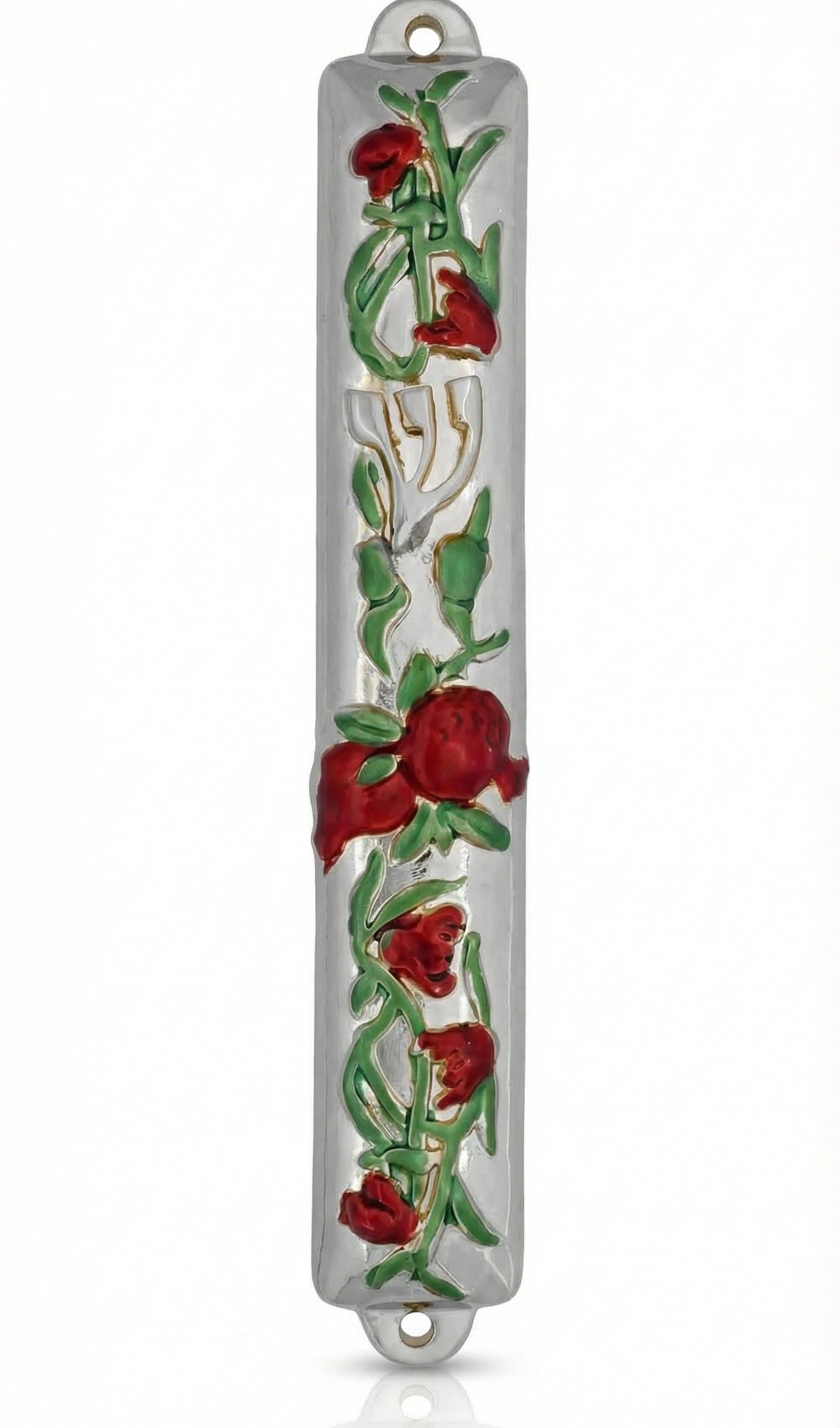 Silver pomegranate-shaped mezuzah made of pewter, with detailed engraving and decorative motifs, designed to be mounted on doorframes.
