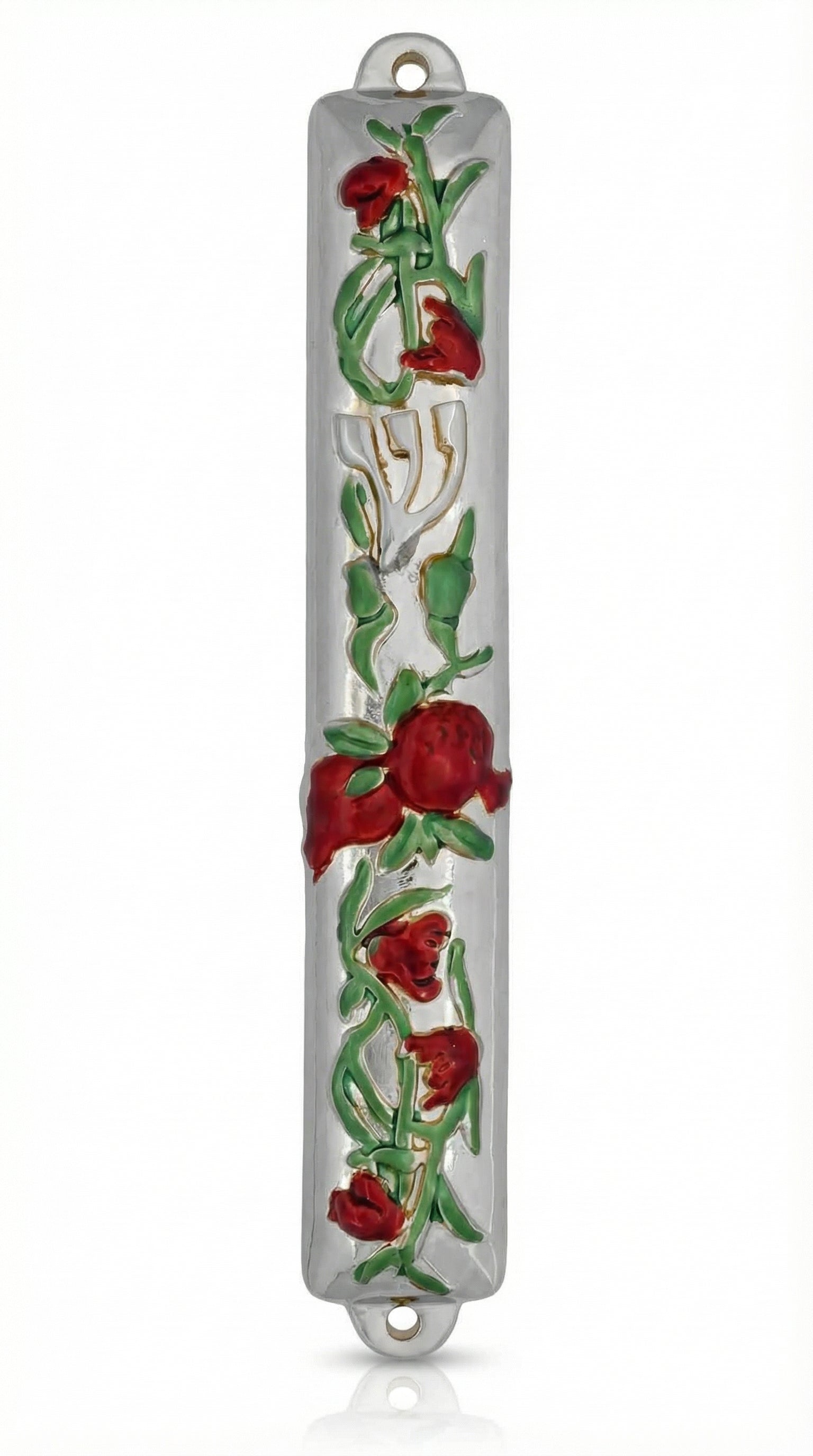 Silver pomegranate-shaped mezuzah made of pewter, with detailed engraving and decorative motifs, designed to be mounted on doorframes.