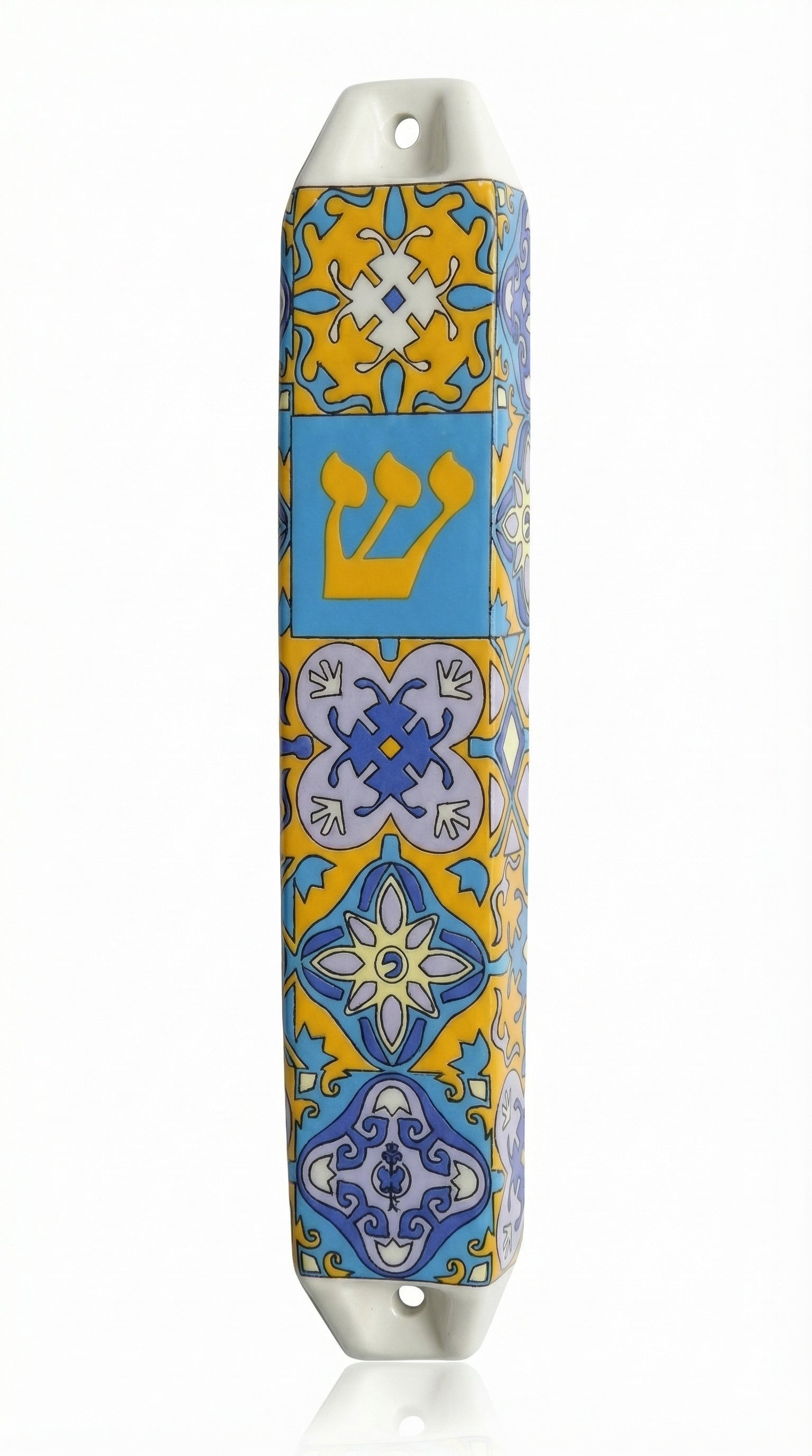 Upscale Portugal Mezuzah made of ceramic, detailed engravings and Hebrew text, displayed with clean white background and soft reflection.