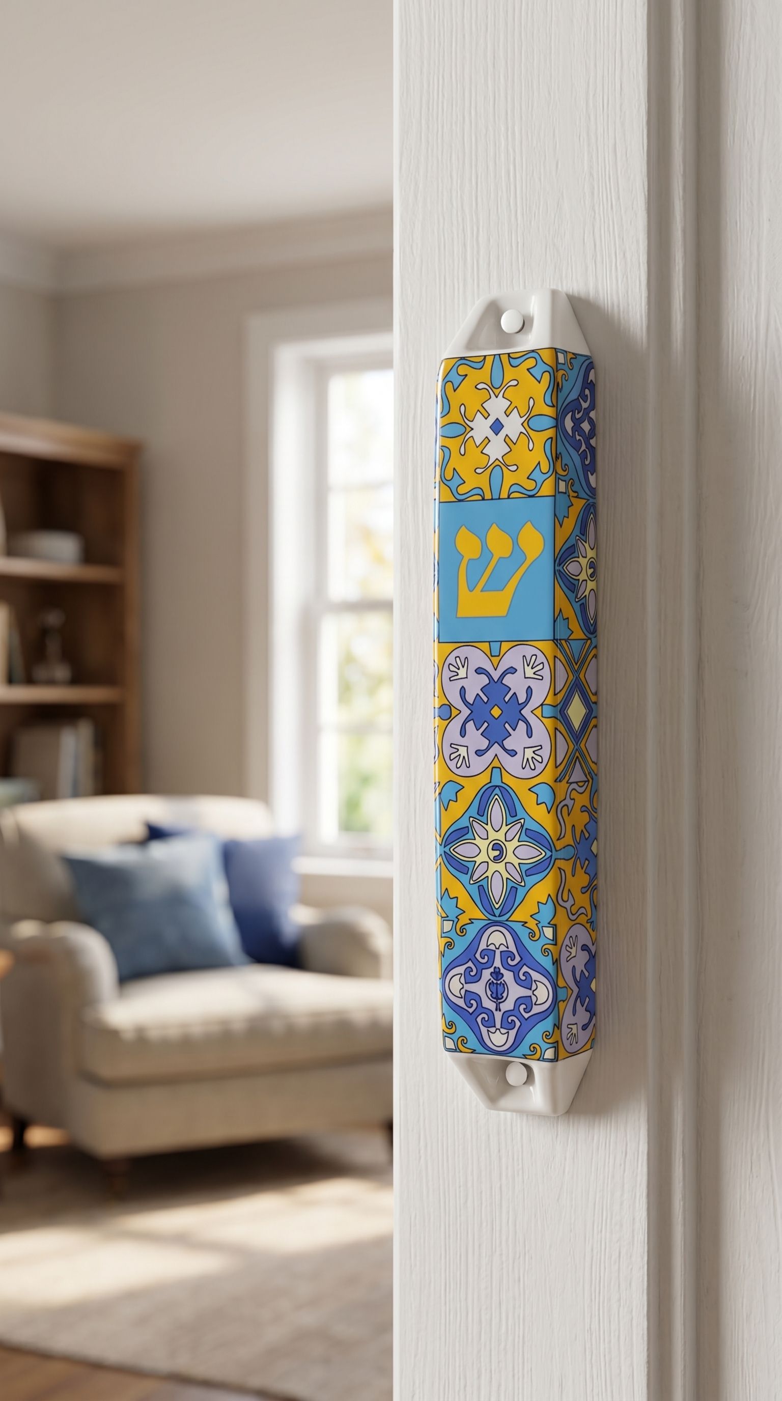 Ceramic Portugal mezuzah with blue and yellow colors, mounted on an indoor doorway for Jewish home blessing.