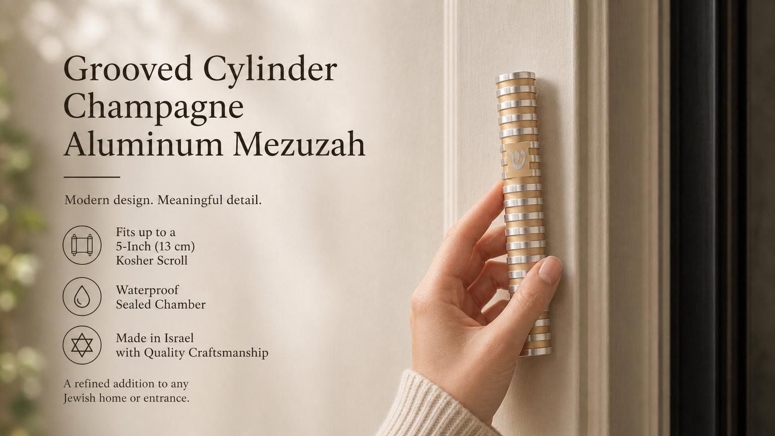 Person holding the exact Grooved Cylinder Champagne Aluminum Mezuzah in a natural pose, showcasing its sculptural profile and design details.