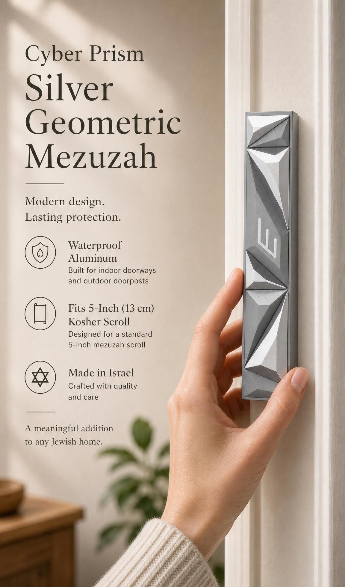 Hand holding Cyber Prism Silver Geometric Mezuzah on one side, with editorial text on the other, in a warm natural light setting.