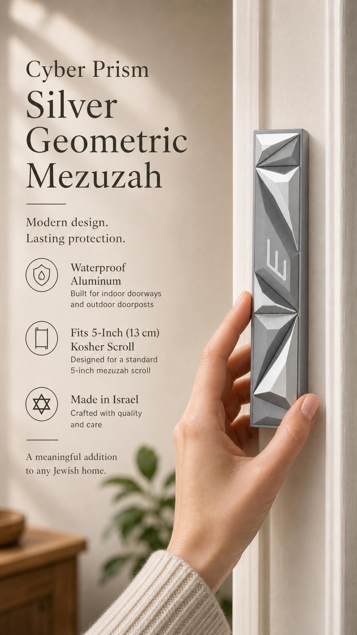 Hand holding Cyber Prism Silver Geometric Mezuzah on one side, with editorial text on the other, in a warm natural light setting.