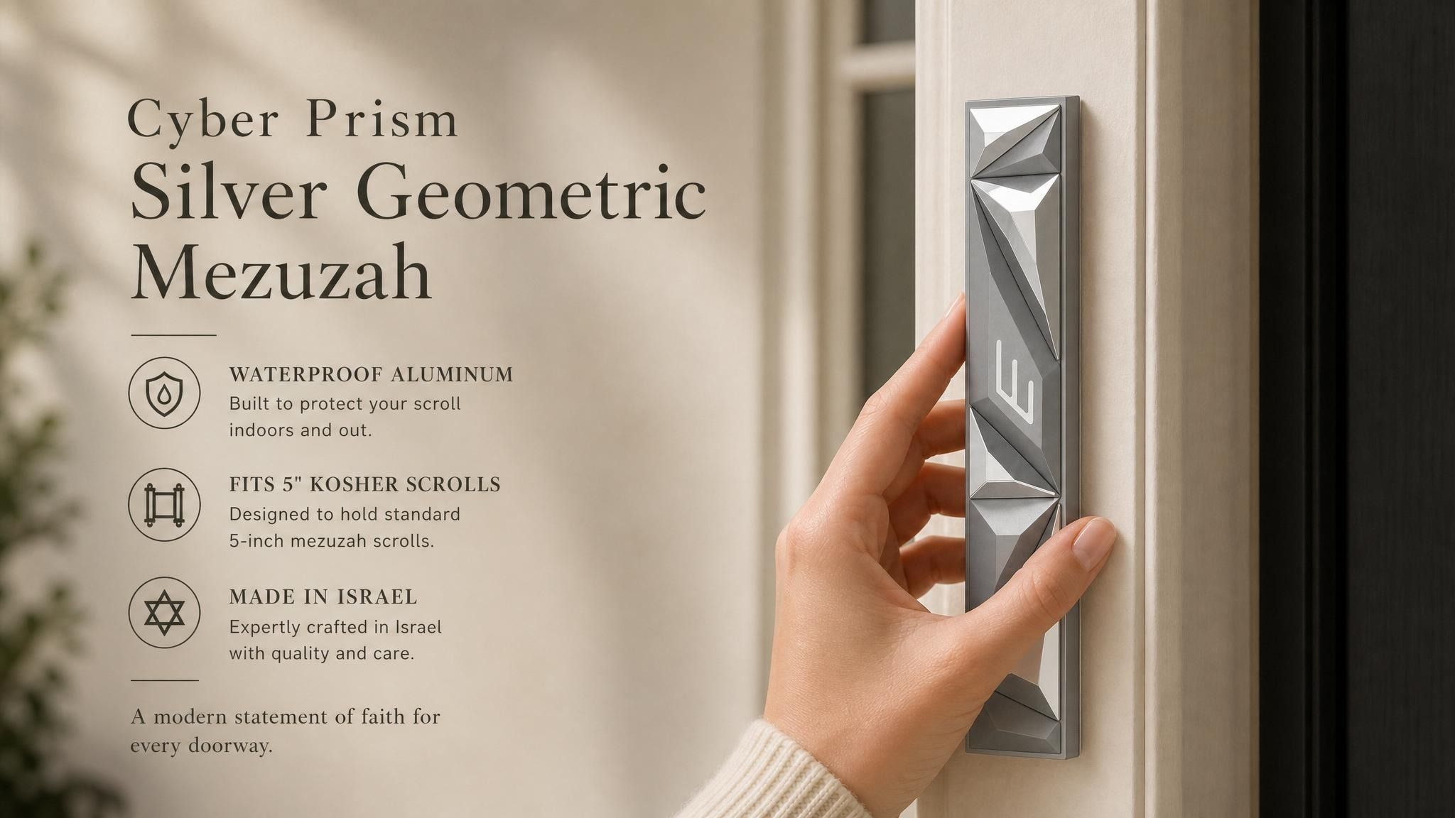Person holding the Cyber Prism Silver Geometric Mezuzah with editorial text and generous negative space in a styled frame.