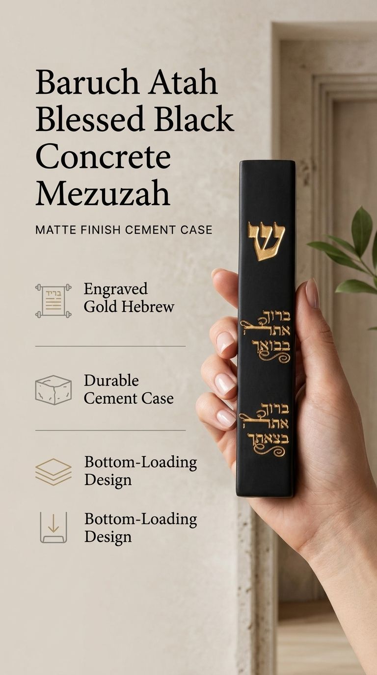 Close up of a hand holding an Israeli made black cement mezuzah case with an engraved gold Shin and Hebrew blessing.