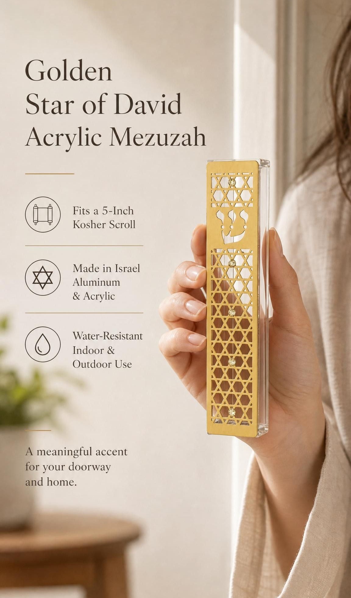 Elegant shot of a person presenting the gold acrylic mezuzah for showcase, emphasizing its design and craftsmanship.