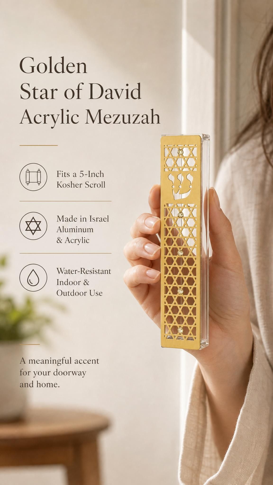 Elegant shot of a person presenting the gold acrylic mezuzah for showcase, emphasizing its design and craftsmanship.