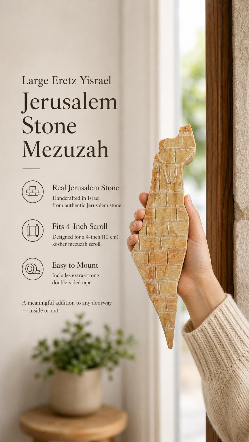 Editorial close-up of a hand holding an authentic Jerusalem stone mezuzah case with raised gold Land of Israel artwork.