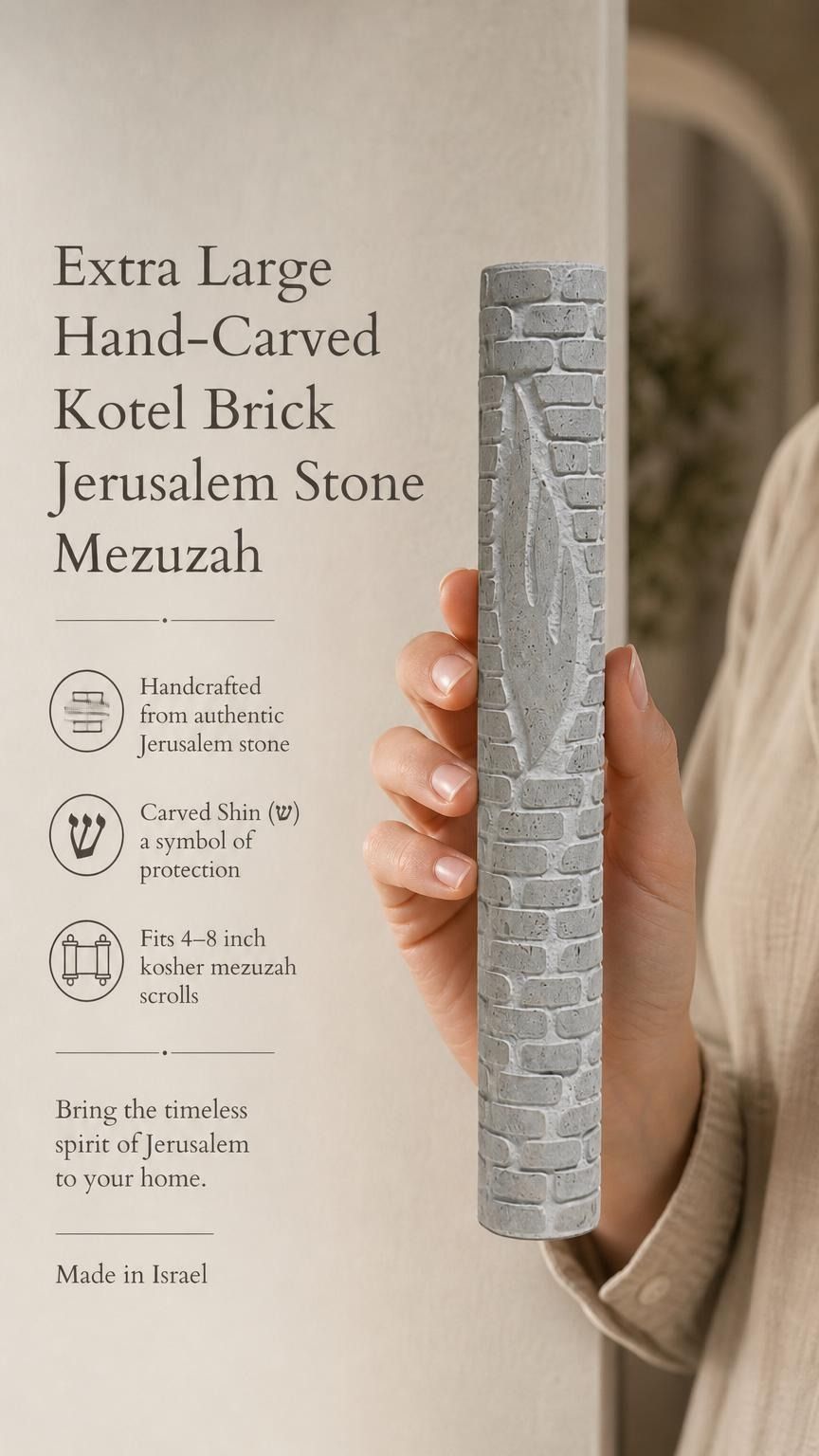 Hand presenting the handcrafted Jerusalem stone mezuzah, highlighting its textured brick pattern and authentic heritage design.