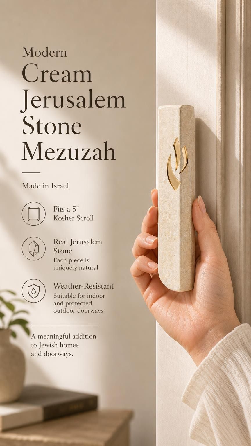 Individual displaying Jerusalem stone mezuzah with warm natural lighting and neutral palette highlighting product details.