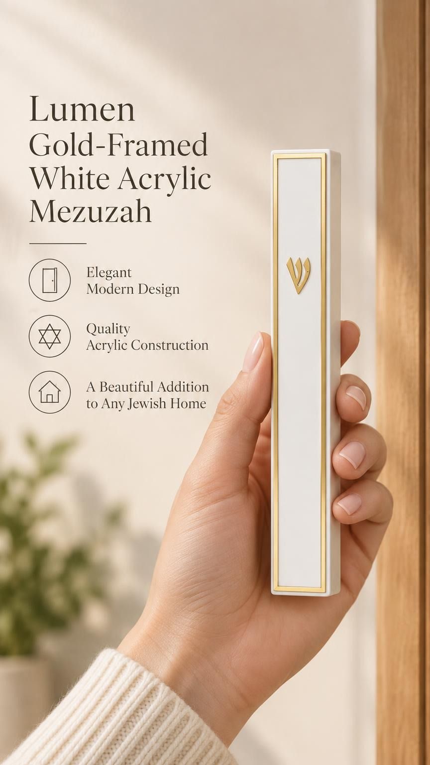 A person holding the gold and white acrylic mezuzah case, designed to fit a standard five-inch kosher parchment scroll.