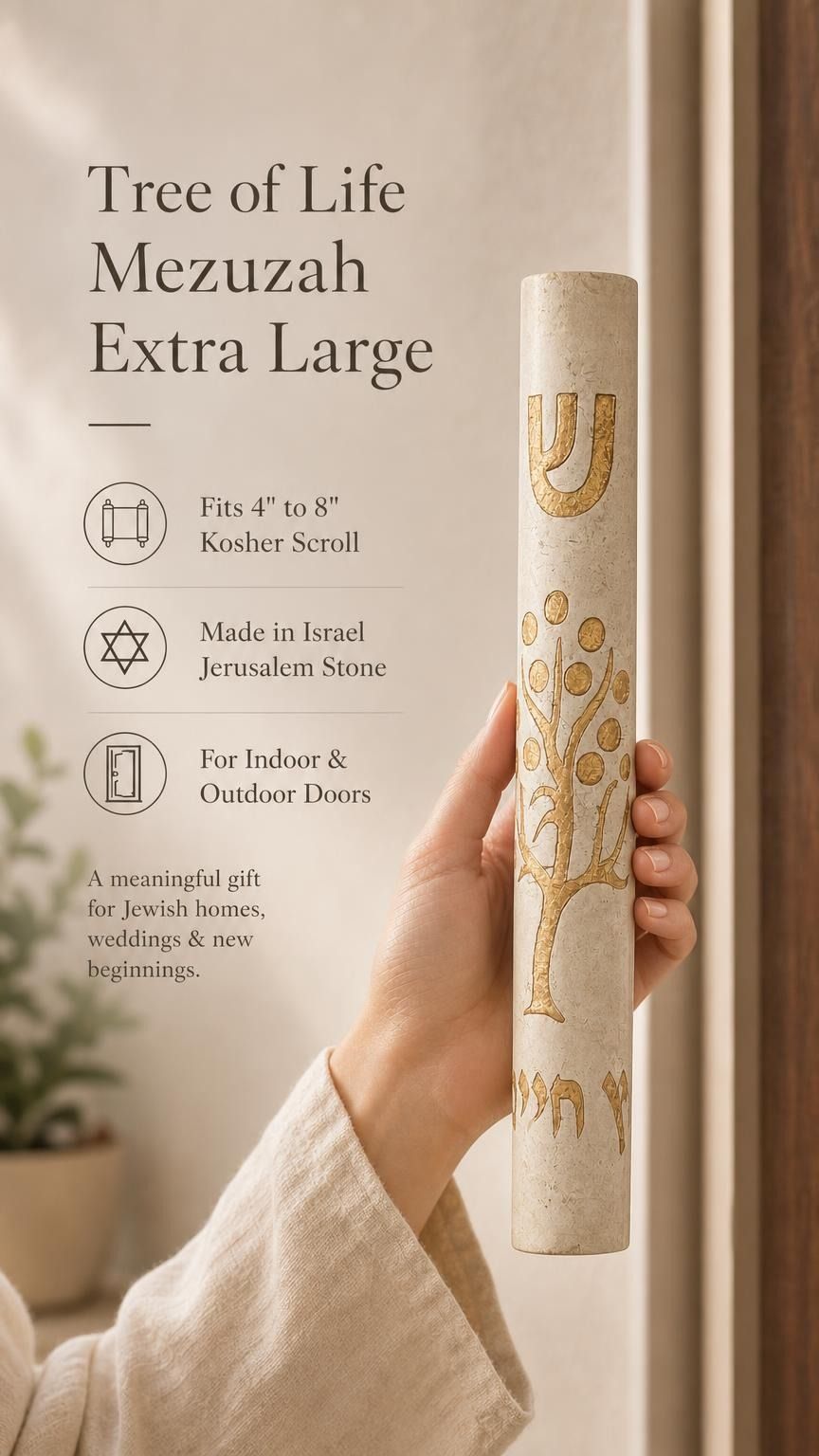 Close-up of the carved Tree of Life motif on the cream Jerusalem stone mezuzah.