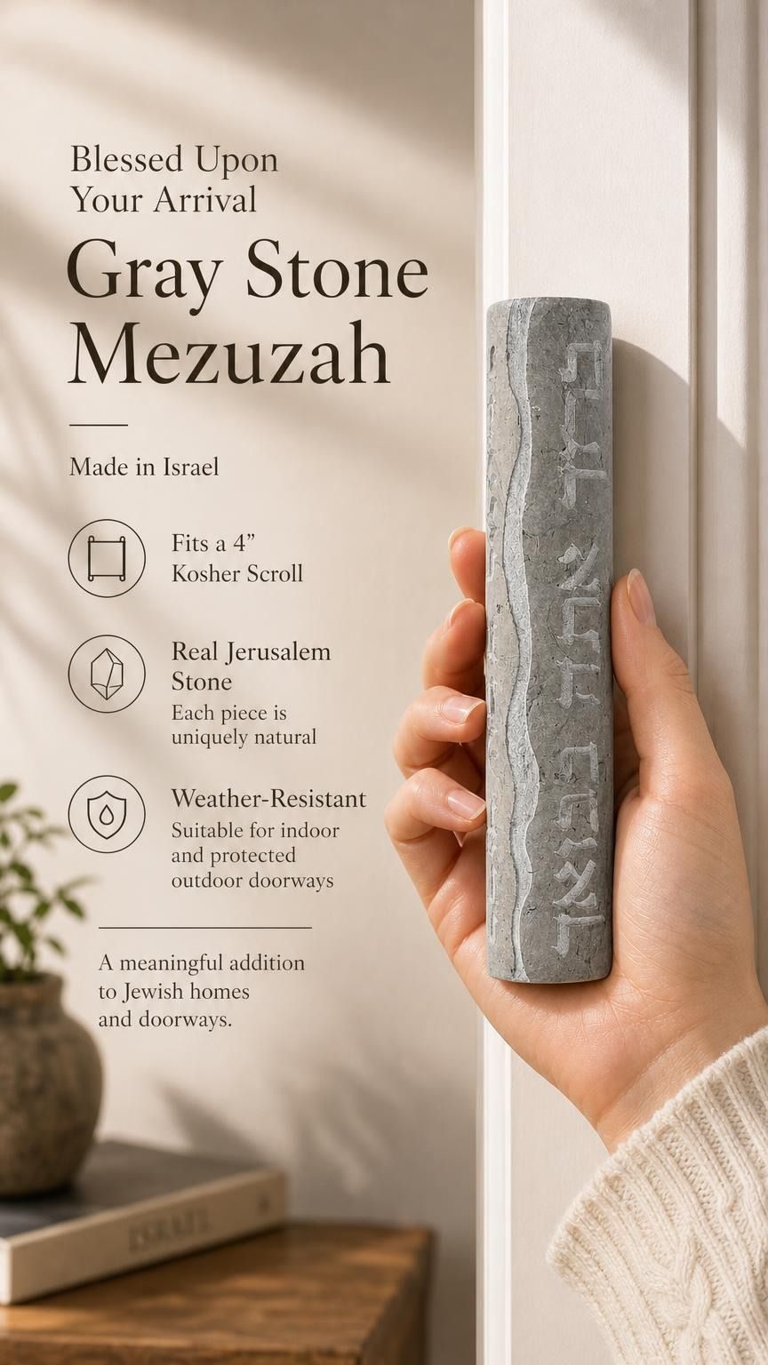 Person naturally holding the Jerusalem stone mezuzah, highlighting its texture and size for a product feature display.