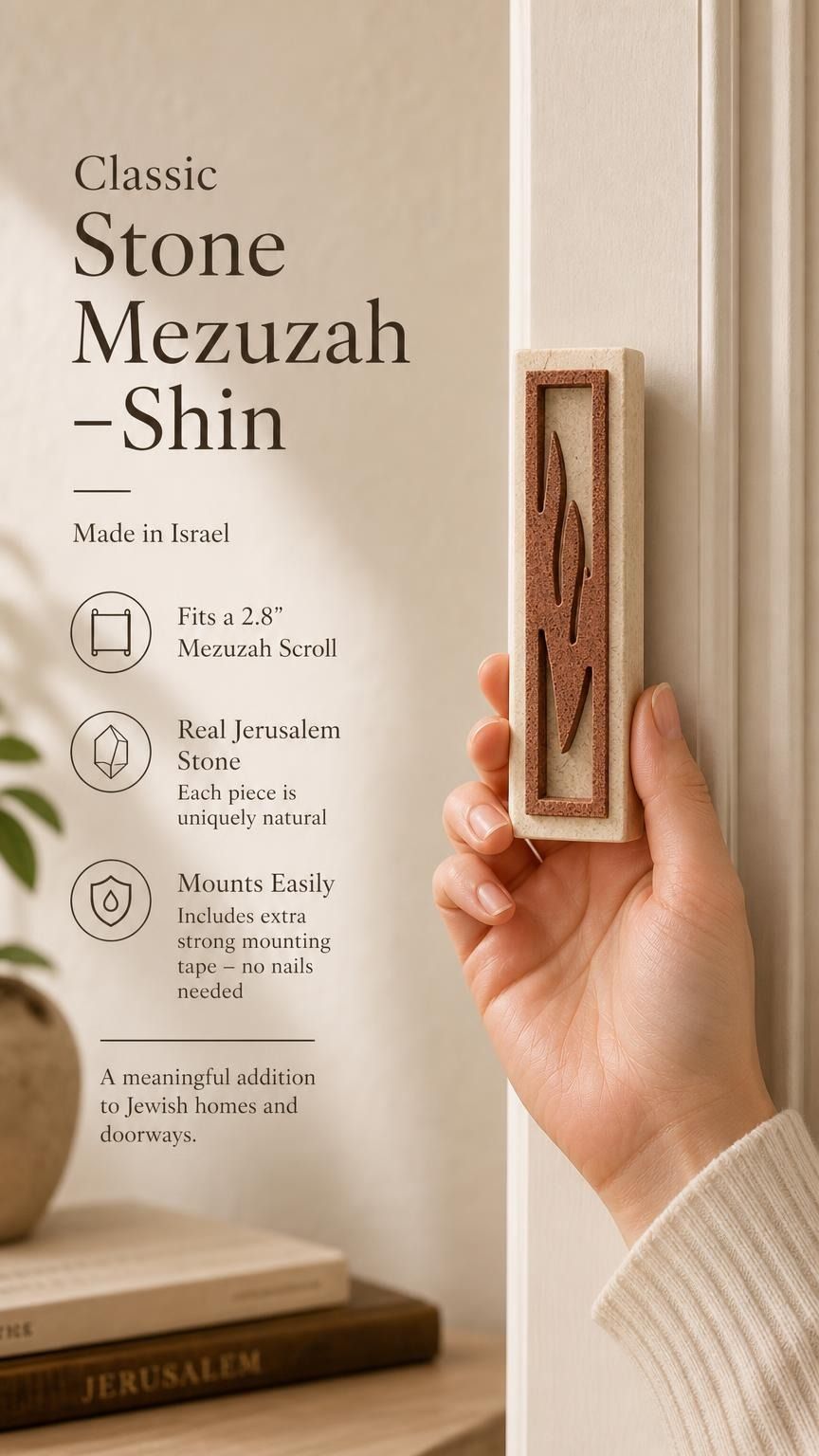 Person holding exact Jerusalem stone mezuzah in hand, showcasing natural texture and craftsmanship for a premium product display.