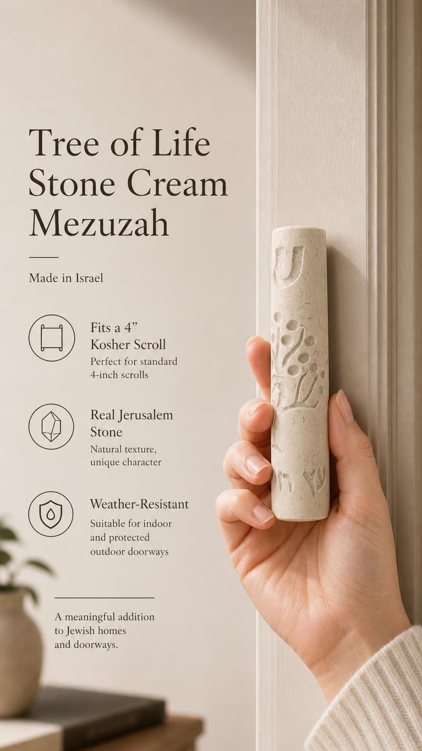 Person holding a Jerusalem stone mezuzah at realistic scale, emphasizing natural material and precise proportions for display.