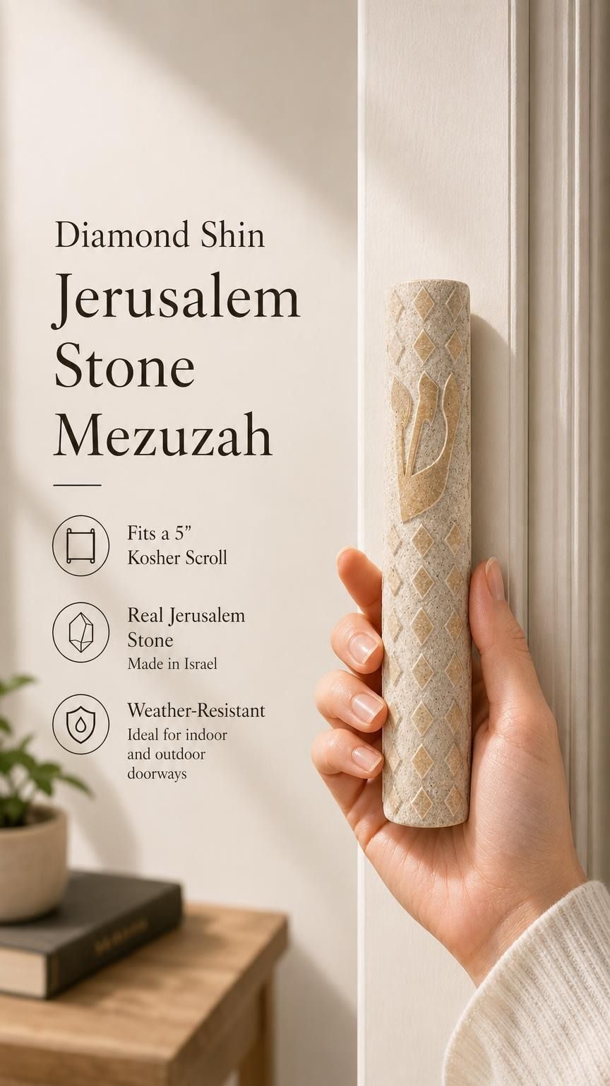 Person holding the exact Jerusalem Stone Mezuzah with cream color, carved diamond pattern, and gold Shin, in a natural, balanced composition.