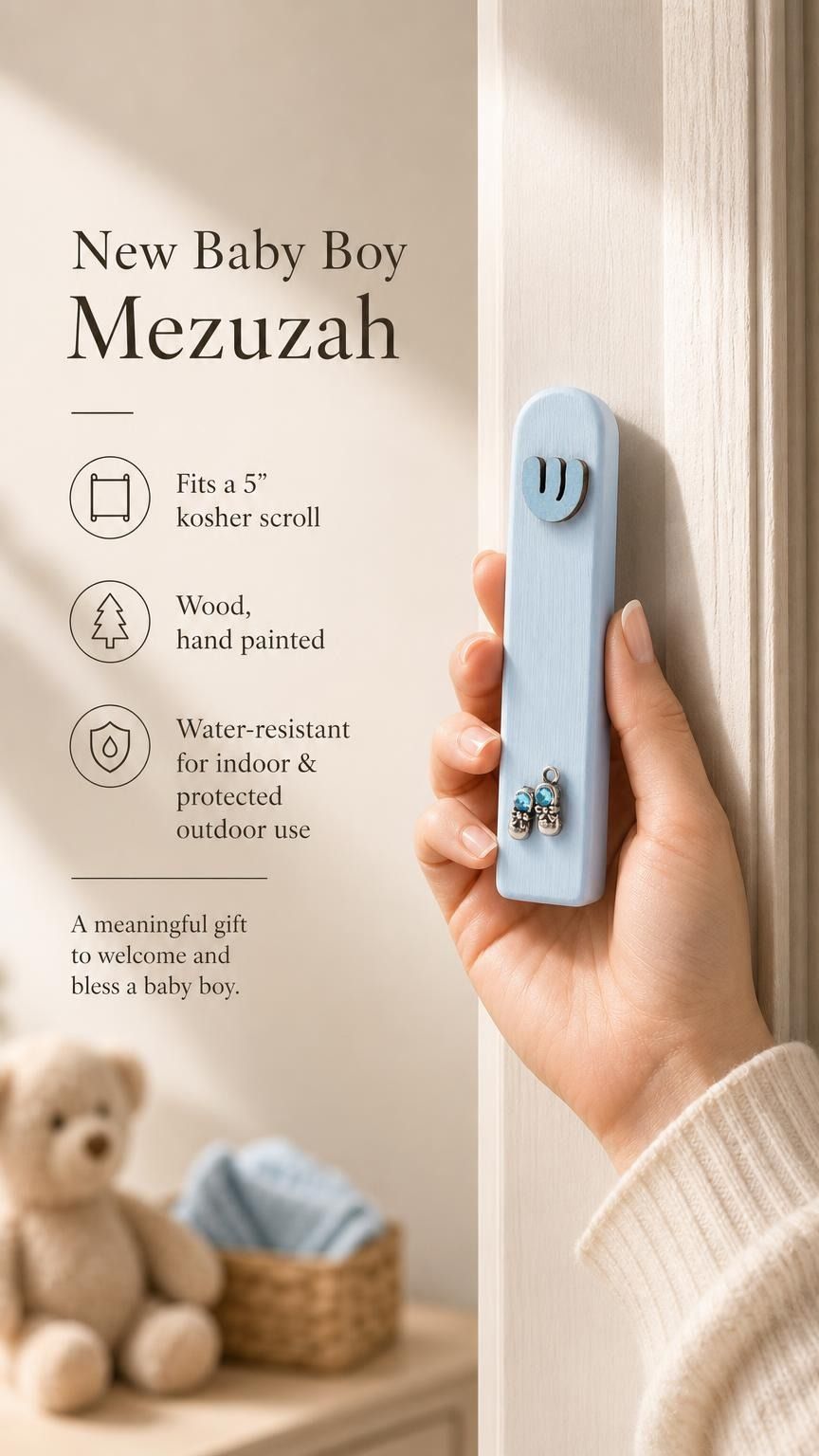 Person holding the exact light blue wooden mezuzah in a premium store setting, showcasing its details and craftsmanship.