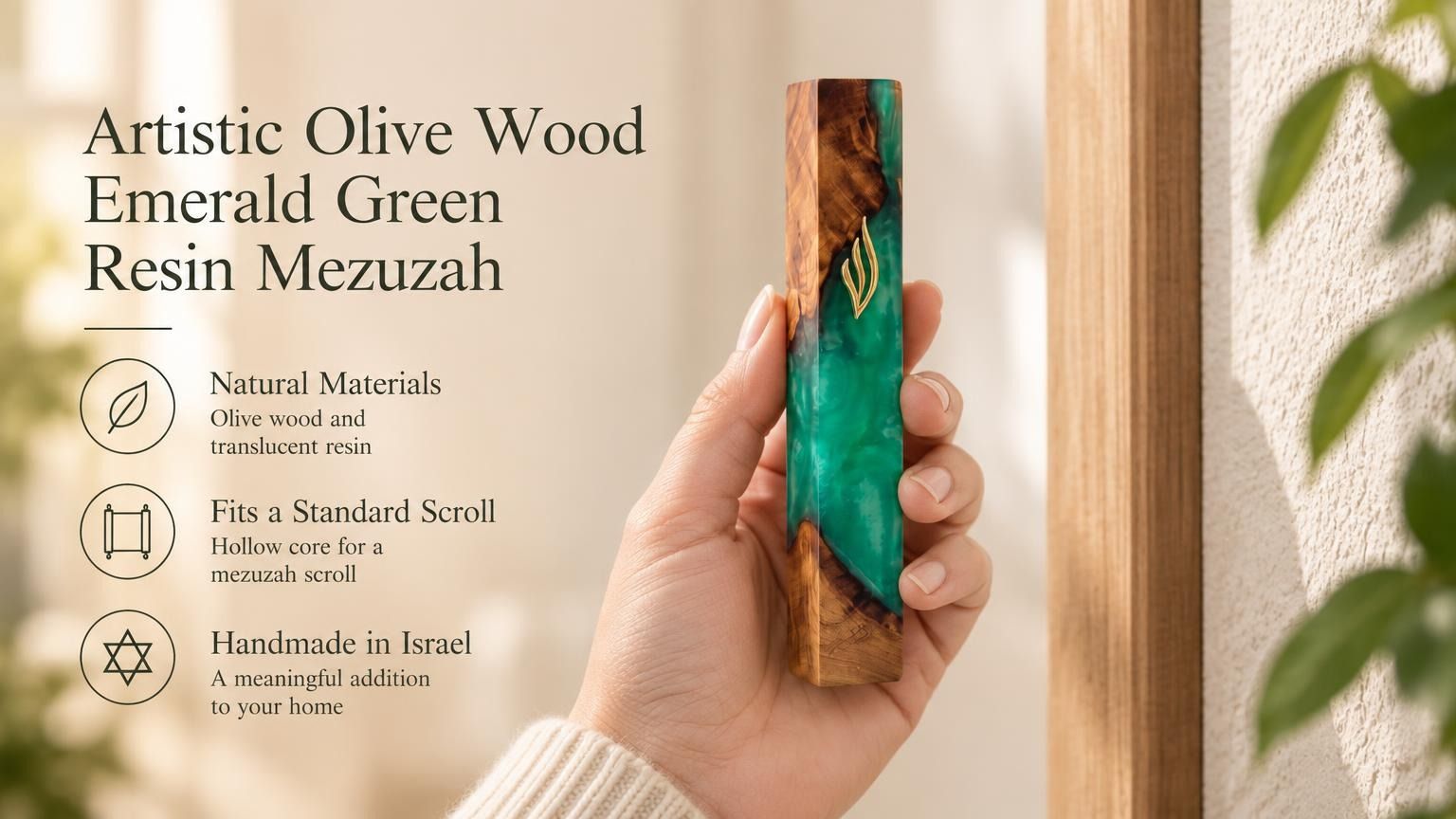 Hand holding a 7.5-inch olive wood and emerald green resin mezuzah featuring a gold-toned Shin at a Jewish entrance.