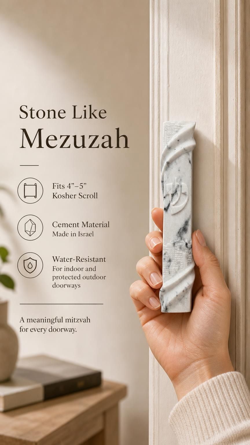 Person holding the exact stone-like mezuzah in a natural pose, emphasizing size and material, for a premium store presentation.