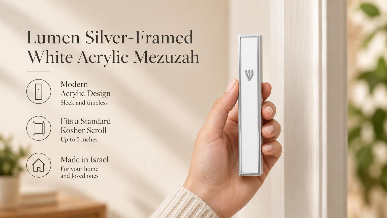 A hand holding a modern silver-framed white acrylic mezuzah with a silver Shin against a soft neutral background.