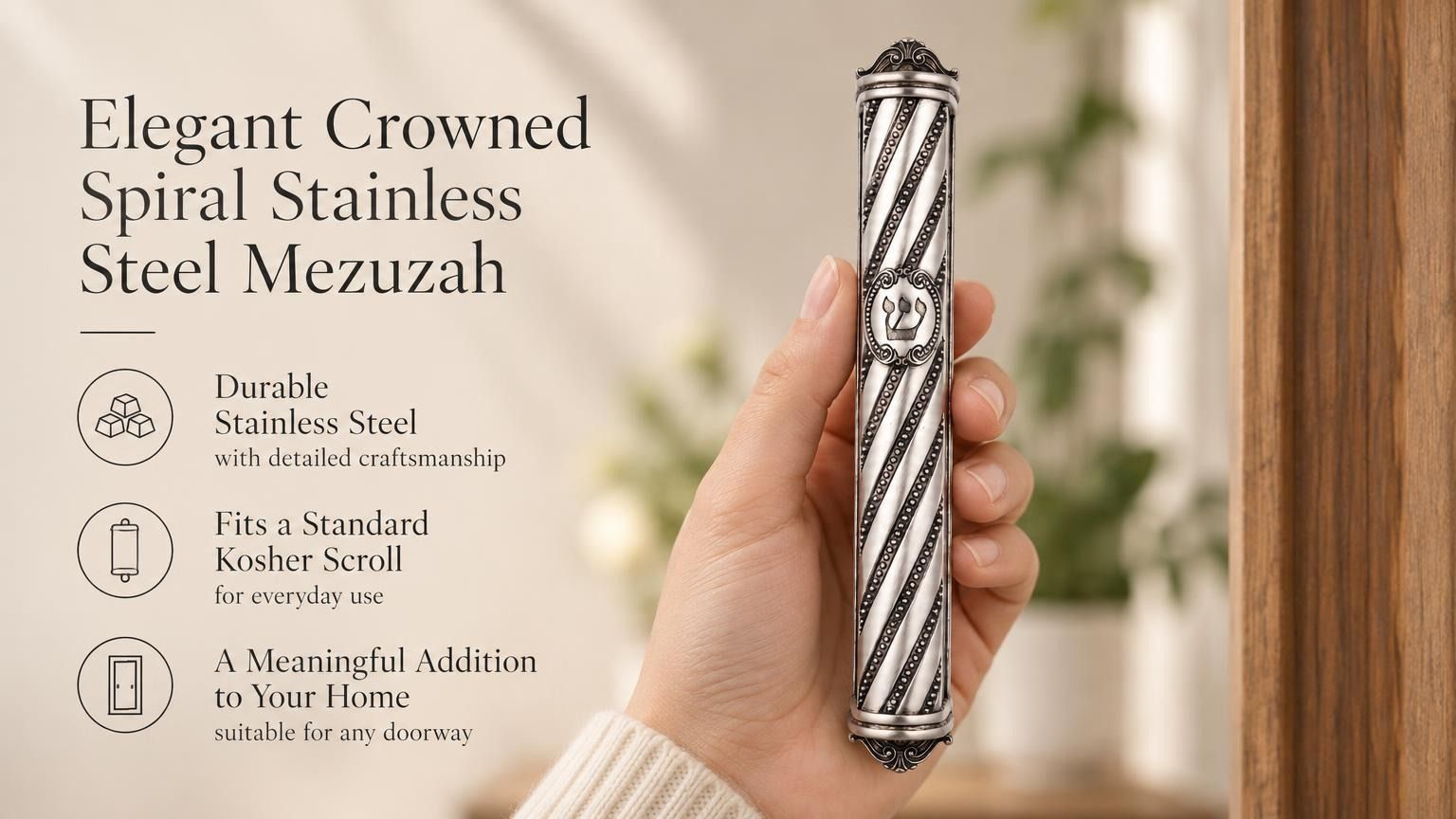 A person holding a premium silver-toned spiral stainless steel mezuzah featuring ornate end caps and a traditional Shin letter.