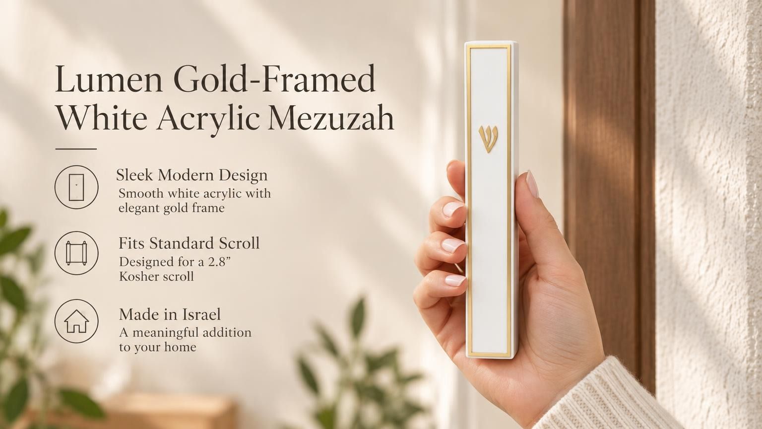 Handheld Lumen mezuzah featuring a gold frame and white acrylic finish in a styled editorial setting.