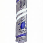 Detailed Pride of Israel Mezuzah with blue Star of David and stripes, hand painted on solid pewter, designed by Israeli artist Emanuel, on a white studio background with soft reflection.