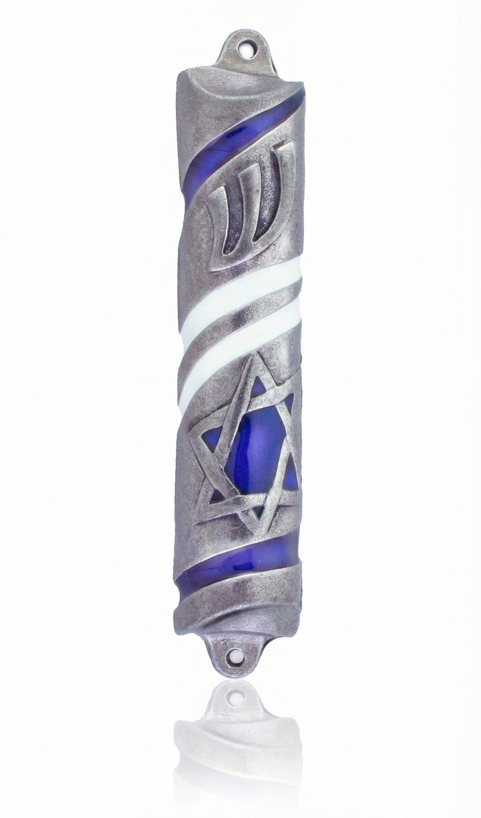 Detailed Pride of Israel Mezuzah with blue Star of David and stripes, hand painted on solid pewter, designed by Israeli artist Emanuel, on a white studio background with soft reflection.