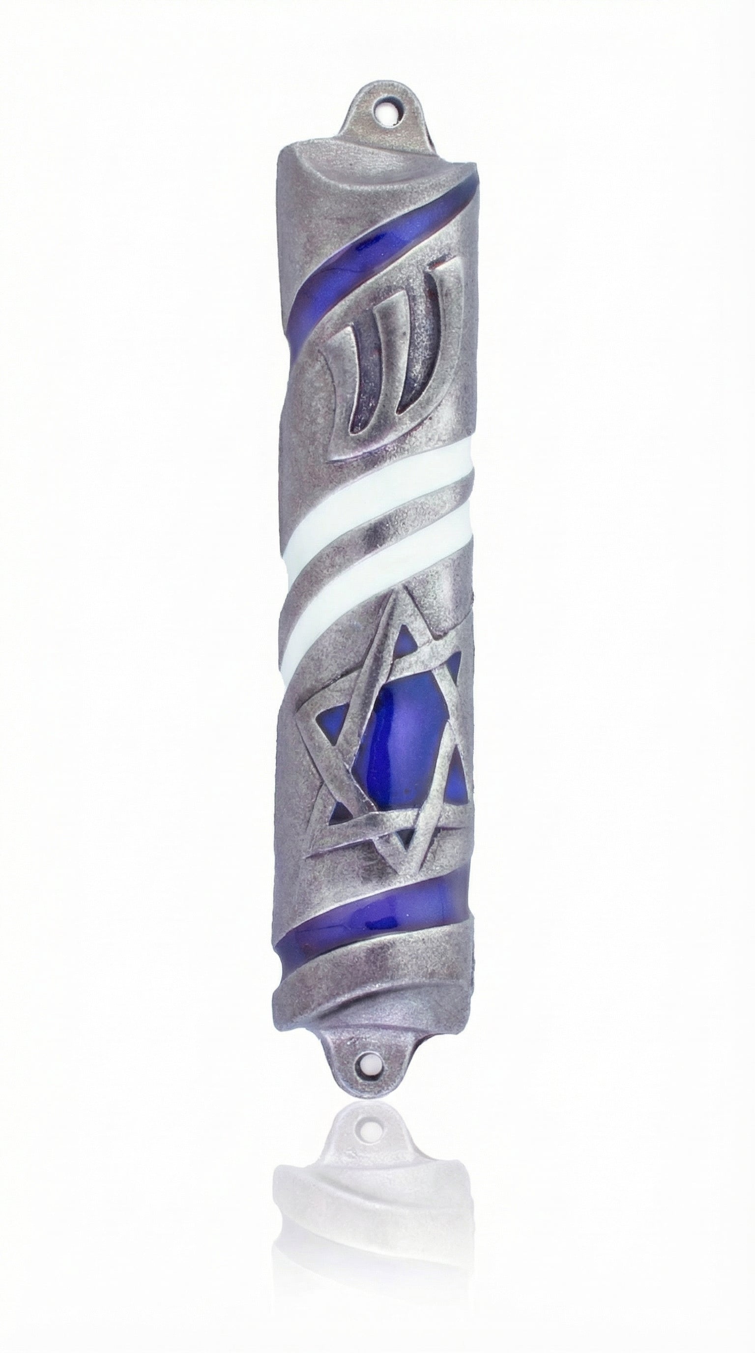 Detailed Pride of Israel Mezuzah with blue Star of David and stripes, hand painted on solid pewter, designed by Israeli artist Emanuel, on a white studio background with soft reflection.