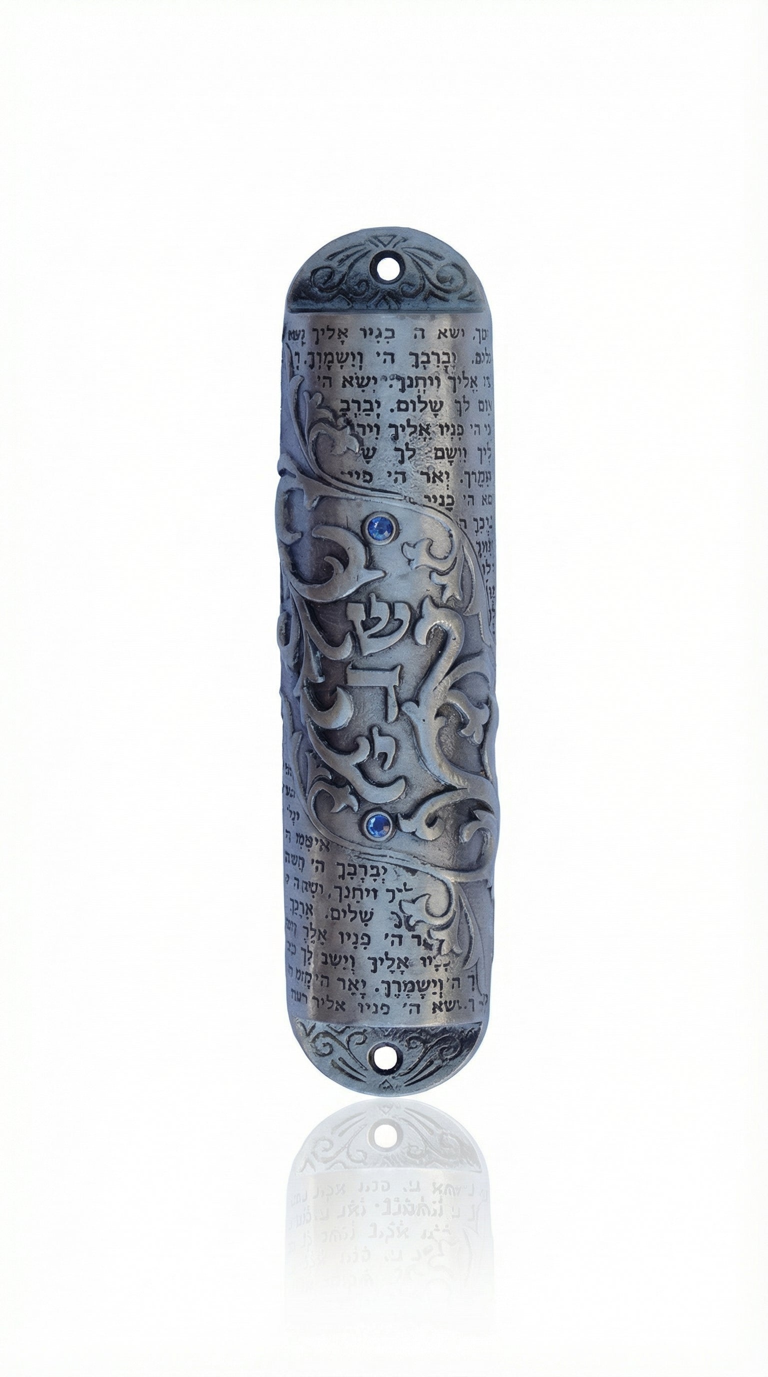 Priestly Mezuzah with blessing inscription, made of pewter, 6.25 inches tall, designed for home doorways, with detailed Hebrew engraving.