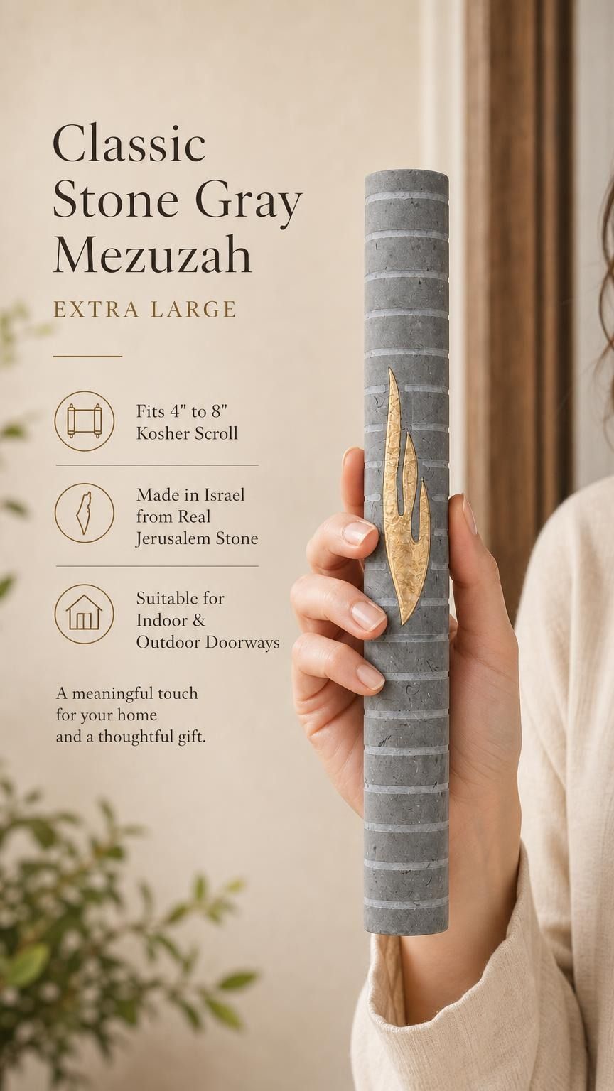 Close-up of the gray Jerusalem stone mezuzah in natural light showing tonal variation in the stone.