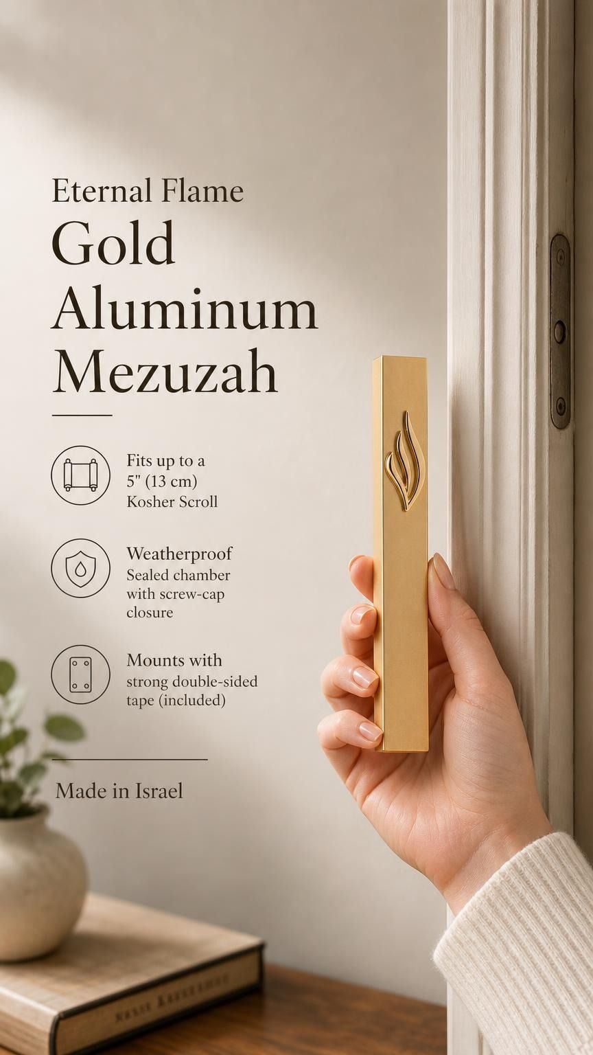 Person naturally holding the Eternal Flame Gold Aluminum Mezuzah at realistic scale, showcasing its design and size for e-commerce display.