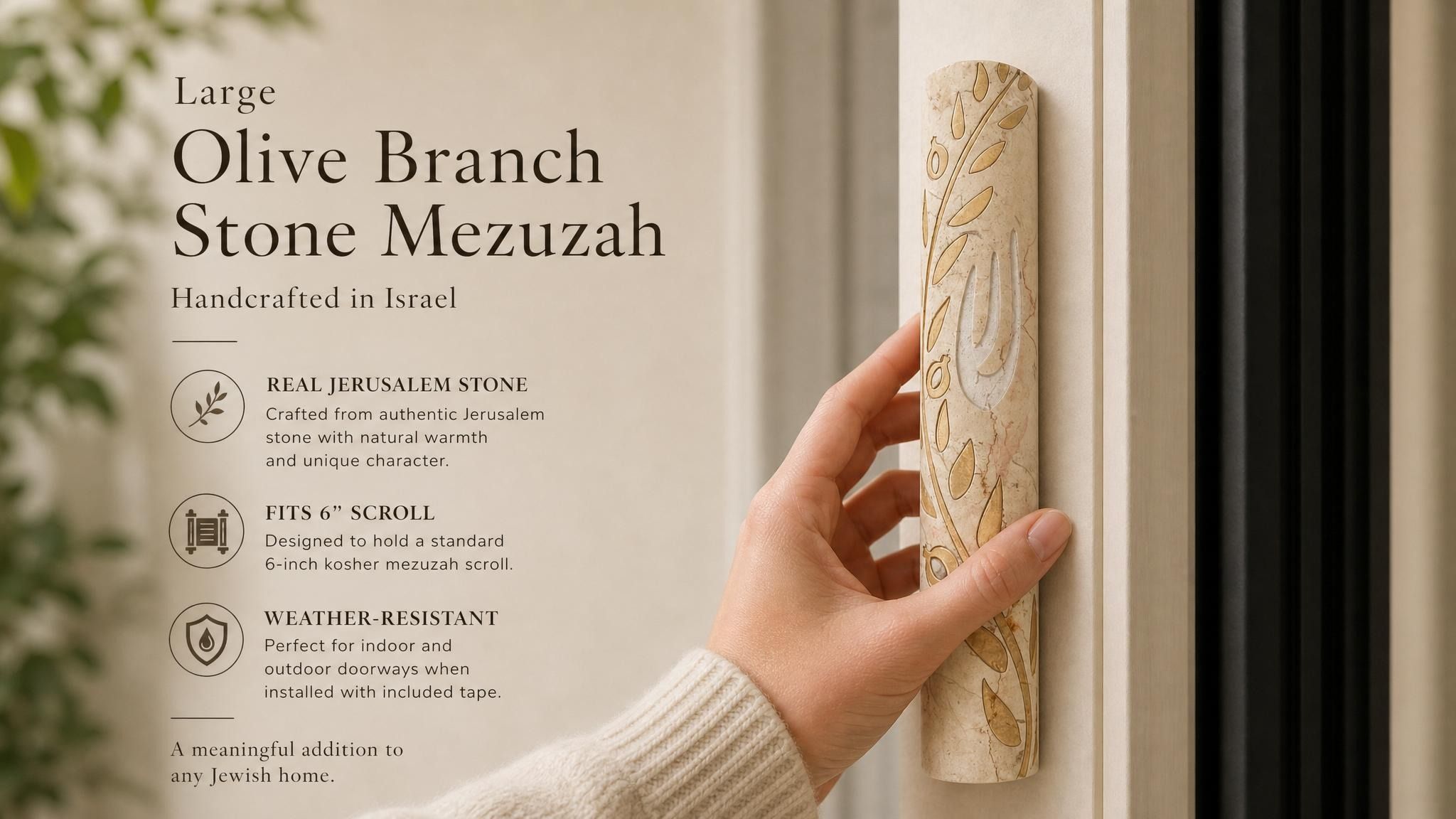 Person holding a large olive branch Jerusalem stone mezuzah at realistic scale, emphasizing craftsmanship and design in a premium editorial style.