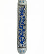 Handcrafted pewter Mezuzah with Middle Eastern Jewish symbols, blue enamel cutouts, and colorful crystals, 6-inch size for home doors.