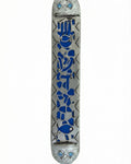 Handcrafted pewter Mezuzah with Middle Eastern Jewish symbols, blue enamel cutouts, and colorful crystals, 6-inch size for home doors.